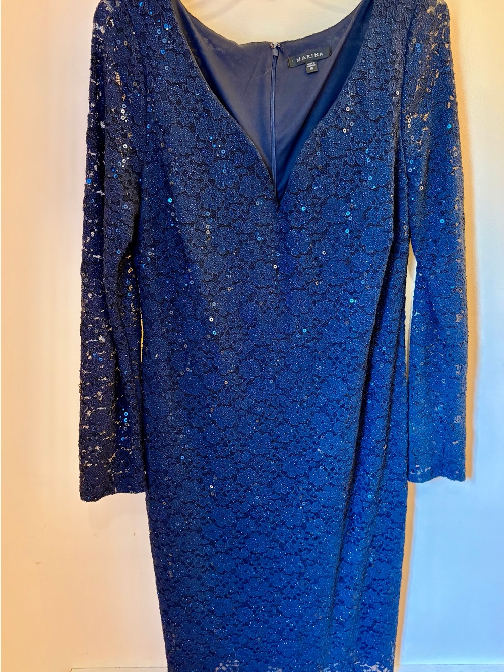 MARINA Navy Sequin Lace V-Neck Long Sleeve Cocktail Dress